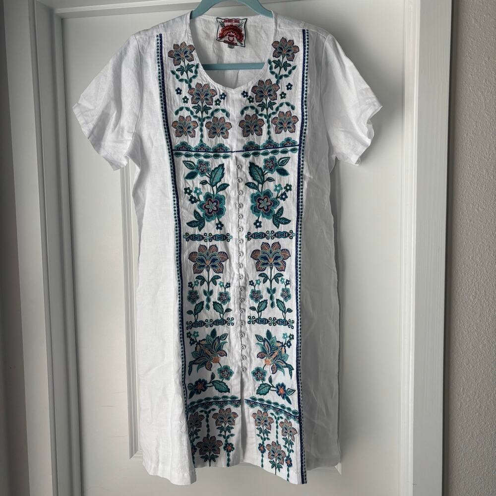 Johnny Was Embroidered Linen Button up Dress size small boho Beachy chic EUC